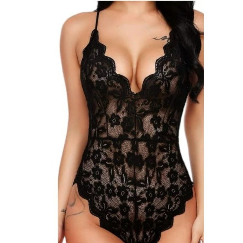 Avidlove One Piece Bodysuit Womens XXXXL Black Lace Spaghetti Straps V Neck